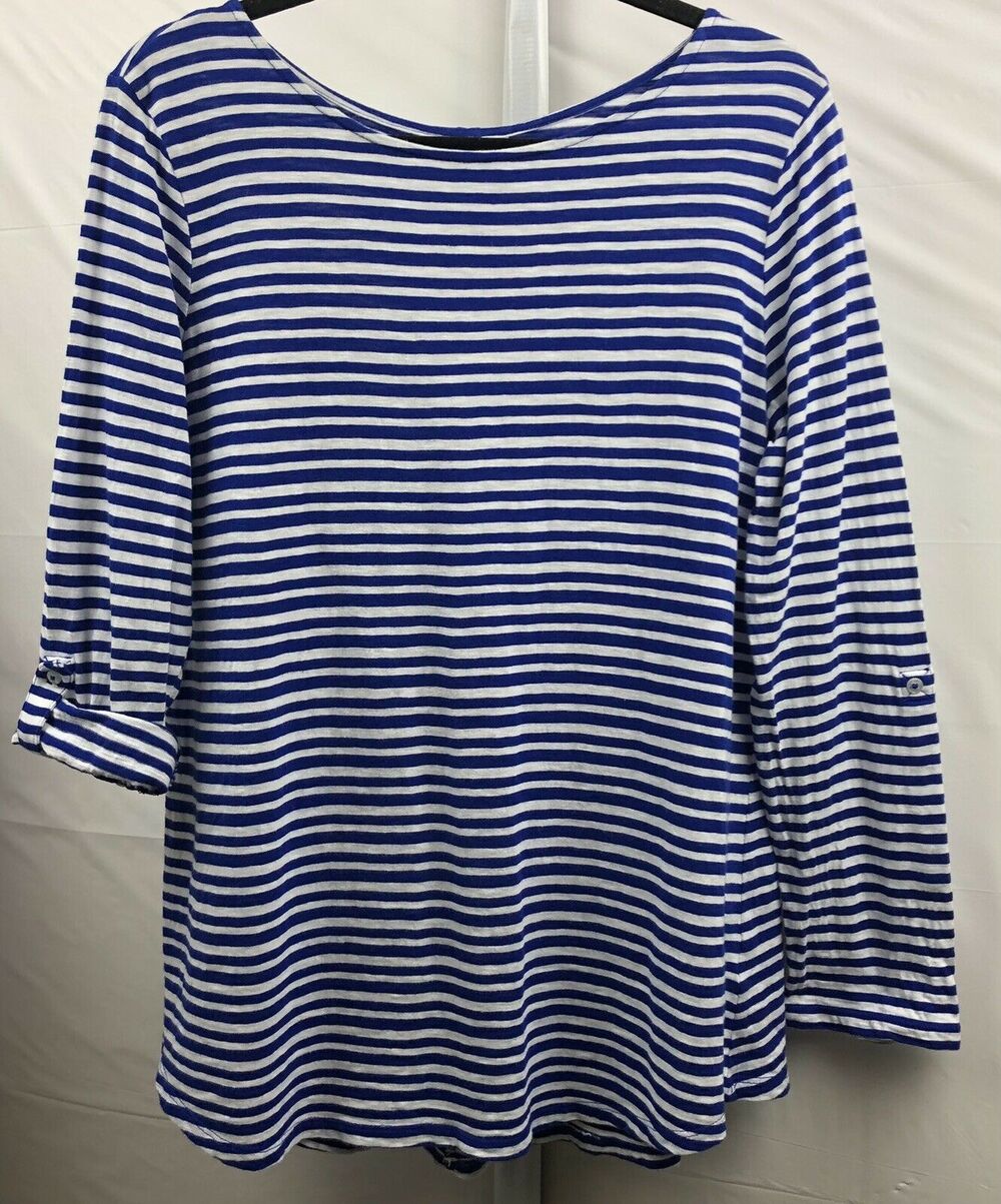 Kim Rogers Top Women M Blue Stripe 100% Cotton Stretch Roll Tab Sleeve Boat Neck